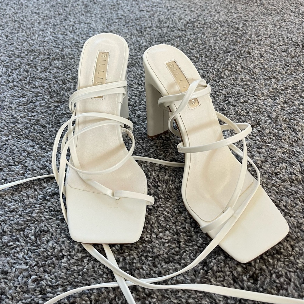 Strappy square toe heels